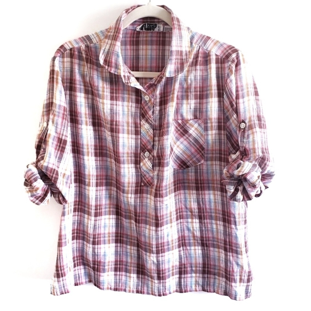 Vintage Top Shop Top Size 16 Roll Tab Sleeve Plaid